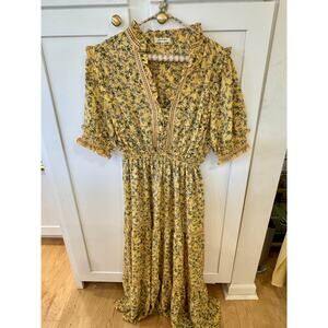 Mustard Yellow Floral Smocked Maxi Dress Size XL